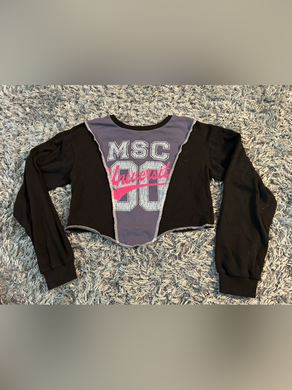 My Sisters Closet Girls Cropped Black Sweatshirt with Pink & Gray Graphic Panel